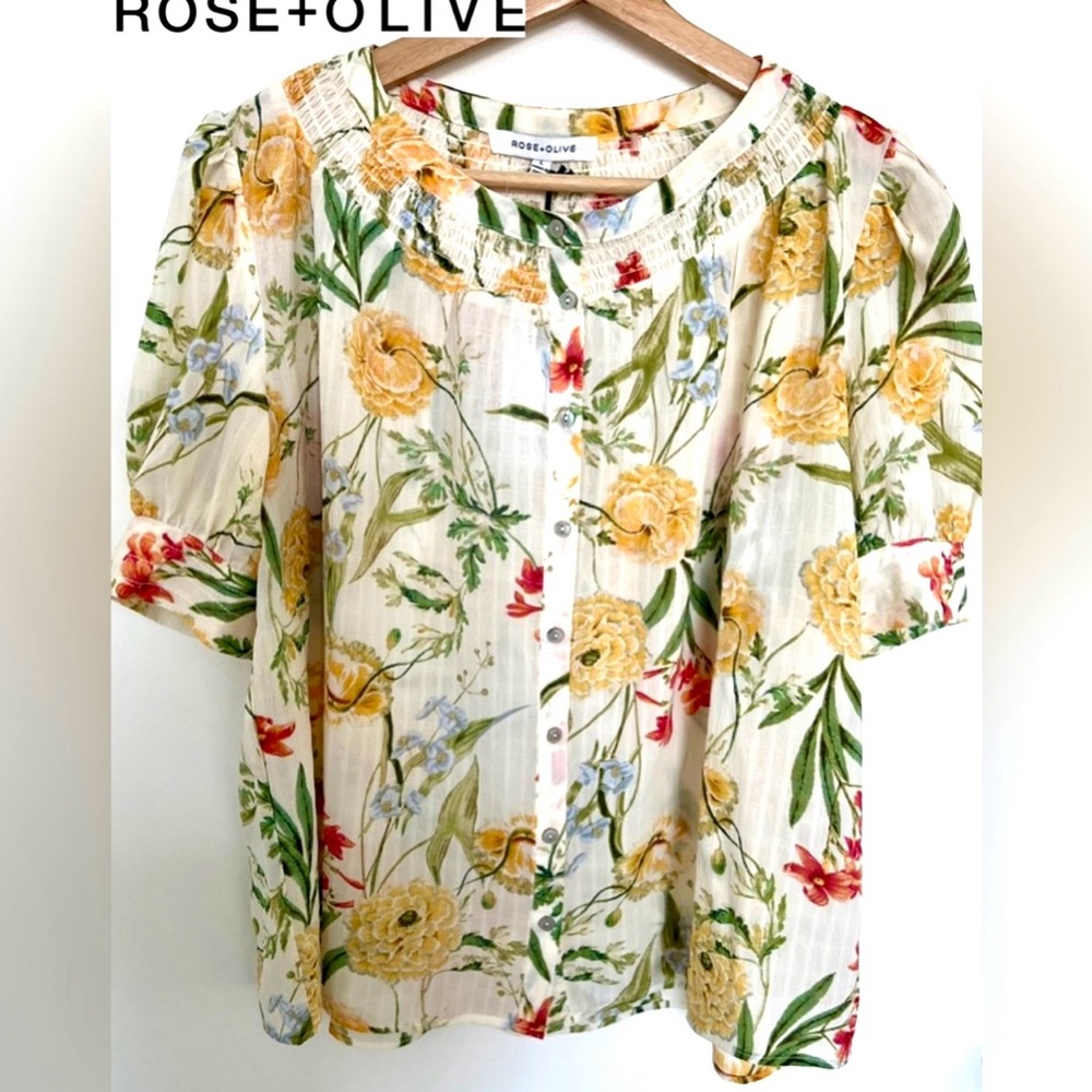 Rose & Olive Floral Blouse - Cream, Yellow, Red, Green
